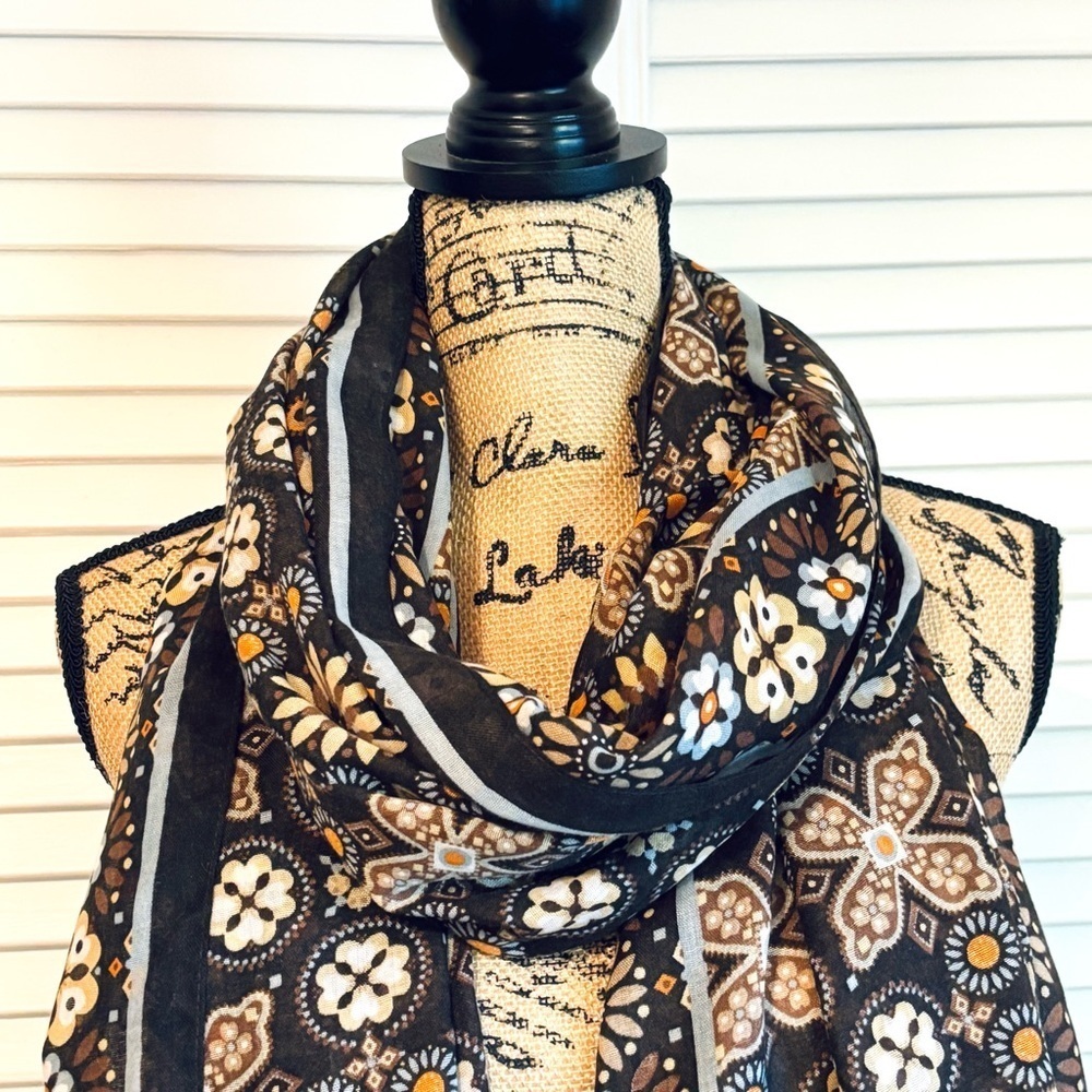Vera Bradley Floral Patterned Scarf Brown Tan Blue - Picture 2 of 5
